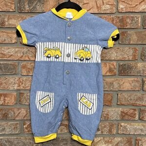 Vintage 80s Romper Jumpsuit Striped‎ Denim Taxi Cab Button Outfit Kids 18 Months